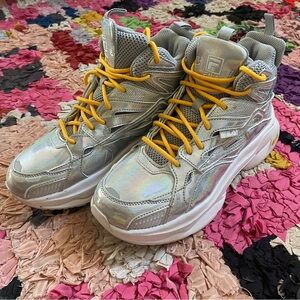 Fila Women's Holographic Silver High Top Sneakers with Yellow Laces